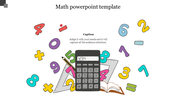 Math PowerPoint template showing a calculator, pencil, and colorful numbers against a white background.