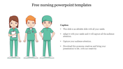 Cartoon illustration of three healthcare nursing professionals in green uniforms with text captions.