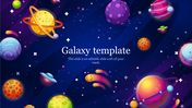 Galaxy themed slide with colorful planets, comets, and stars against a deep blue background, featuring text in the center.