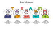 Five illustrated team members in a row, each with colored letter above them and captions below.