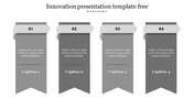 Innovation presentation template with four numbered banners, each containing a caption area for text.