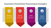 Collage of colorful slides showcasing innovative presentation designs with icons and placeholder text area.