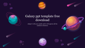 Galaxy themed slide with colorful planets and meteors, featuring a central text box on a dark purple backdrop.