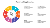 Public health slide with a central stethoscope icon surrounded by colorful segments representing different health topics.