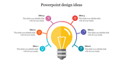 Slide with six design ideas branching from a central lightbulb, each represented by a different colored icon with captions.