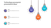 Three hanging light bulbs in blue, purple, and orange, with three captions listed on the left.