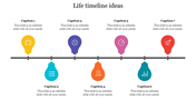 Colorful timeline slide with icons representing different life events and milestones, with captions describing each stage.