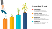 A hand watering four plants, each on top of colorful columns, and captions representing stages of financial growth.