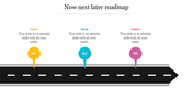 Roadmap slide featuring a black road with three color-coded markers for now, next, and later stages of a timeline.