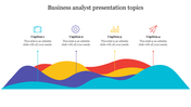 Colorful wave chart slide representing four business analyst topics, each labeled with icons and placeholder text.