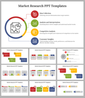 Slide pack with diagram featuring colored icons and various layouts, representing steps in market research analysis.