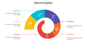 Colorful spiral infographic slide with five icons representing various concepts and text captions for each.