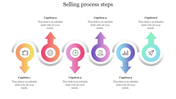 A selling process flow slide with 6 arrows in different colors, each with steps and relevant icons.