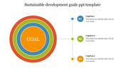 Slide illustrating sustainable development goals with a target graphic and three descriptive captions with placeholder text.