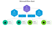 Flowchart with hexagonal, circular, and rectangular nodes in blue, green, and purpl, each labeled with captions.