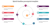 Spiral timeline with six colorful points connected by arrows, each labeled with numbered captions on both sides.