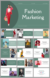 Slide deck of fashion marketing with multiple subtopics such as consumer behavior, branding, digital marketing, and more.