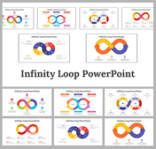 Slide deck with colorful loops, illustrating continuous processes with sections on stages and workflow steps.