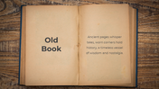 Slide featuring an open old book on a wooden surface, with weathered pages and a nostalgic message on the right.