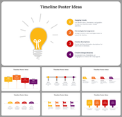 Timeline slide pack with lightbulb, and 4 colorful tips, using icons, milestones, and colored blocks.