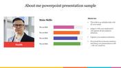 About me slide featuring a profile picture, main skills bar chart, and a brief personal description with placeholder text.