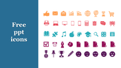 Collection of free PowerPoint icons in different colors displayed in rows on a white and blue background.