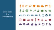 Diverse icon set with colorful symbols representing various themes like travel, weather, and technology with a title text.