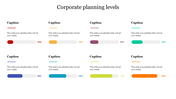 Eight progress bars in different colors on a corporate planning slide, each with captions and varying completion levels.