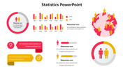 Colorful statistics slide featuring various charts and graphs, including bar graphs, pie charts, and gender icons.