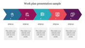 Slide with a work plan in five steps each with icon in a horizontal colorful arrow design with caption areas and a title.