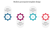 A sequence of four colored gears in blue, red, teal, and orange, aligned horizontally with captions.