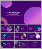 Slide deck with a purple gradient theme featuring circular accents, covering various technology topics.