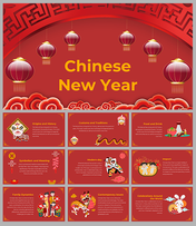 Chinese New Year PowerPoint slides with the red and gold theme, featuring traditional lanterns and decorative icons.