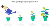 Illustration of a plant's growth stages in four pots, from seed to fully grown, with a hand watering the first plant.