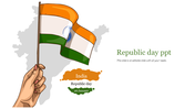 Hand holding the Indian flag against a grey map of India with text on the right in green.