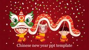 Illustration of a dragon dance with three children, and confetti on red background, celebrating Chinese New Year.