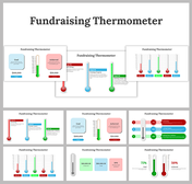 Slides featuring fundraising thermometers in red, blue, and green, visually tracking goal achievement with labeled sections.