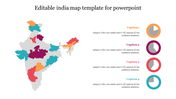 Color coded map of India with various regions marked in distinct shades, next to labeled pie charts for captions.