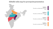 Slide with a grey map of India with highlighted states and four caption boxes in matching colors with placeholder text.