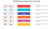 Slide showing RAIDAR components Risk, Assumptions, Issues, Dependencies, Action, Repairs, with colored blocks and icons.