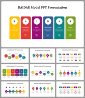 Color-coded RAIDAR framework overview slide deck with individual categories and icons in vibrant colour panel.