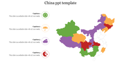 China map slide with four colored regions highlighted, each accompanied by a caption on the left with icons.