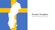 Map of Sweden overlaid on the Swedish flag with a blue and yellow background, alongside a white text section on the right.