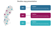 Sweden map with colored dots and three percentage based captions in blue, red, and teal, linked by lines.