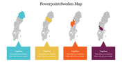 Four Sweden maps with highlighted regions in teal, yellow, orange, and purple, each with matching captions below.