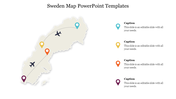 Map of Sweden with markers indicating key locations for a PowerPoint template, with icons of airplanes and pins.