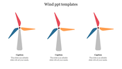 Three windmill icons with red, blue, and orange blades on gray stands, aligned horizontally on a white background.