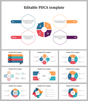 Collection of slides highlighting the process steps with hexagonal and circular shapes in various colors.