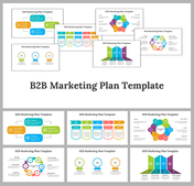 Slide deck showcasing colorful B2B marketing diagrams with arrows, charts, and flowcharts in a professional layout.