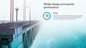 Foggy bridge image with text section and circular icon on the right, set against a blue gradient backdrop.